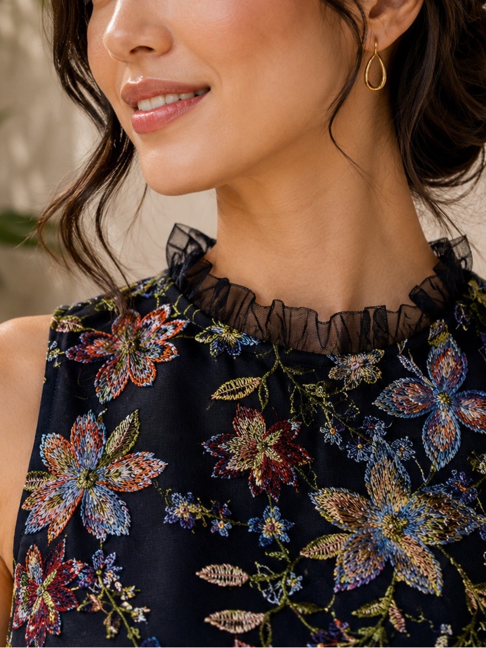 Anne Klein Navy Floral Embroidered Tulle Mini Dress